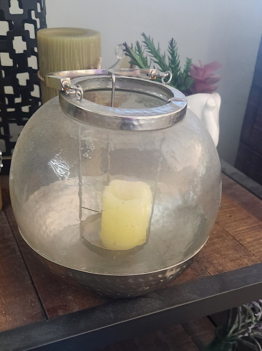 Large Silver Hanging Candle Holder Lantern - Cream Candle Included